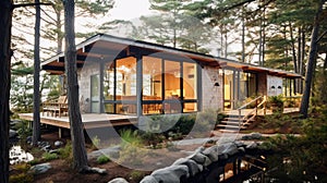Comfortable cottage in the modernist style, featuring sleek lines and minimalist design photo