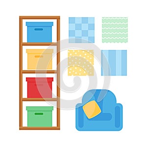 Comfortable cozy baby room decor children bedroom interior with furniture and toys vector.