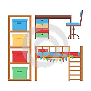 Comfortable cozy baby room decor children bedroom interior with furniture and toys vector.