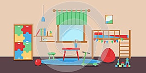 Comfortable cozy baby room decor children bedroom interior with furniture and toys vector.