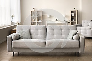Comfortable grey couch in cozy empty living room