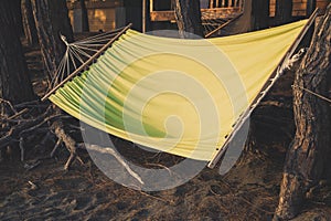 A comfortable hammock hangs between the trunks of pine trees near a country house in the forest