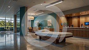 Comfortable healthcare lounge with patient bed setup photo