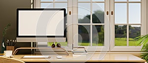 Comfortable home office workspace with pc desktop computer