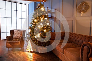 Comfortable interior with Christmas tree