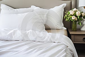 a comfortable and inviting bed with crisp white sheets and a fluffy pillow. Comfort and relax concept.