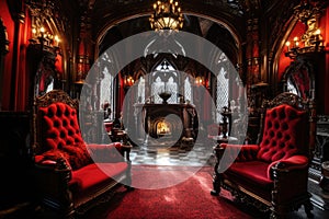 A comfortable and inviting red room adorned with two chairs and a warm fireplace, Vampire Dracula castle interior, victorian red