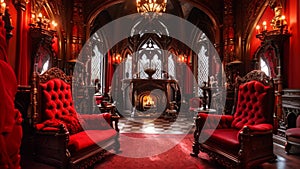 A comfortable and inviting red room adorned with two chairs and a warm fireplace, Vampire Dracula castle interior, victorian red