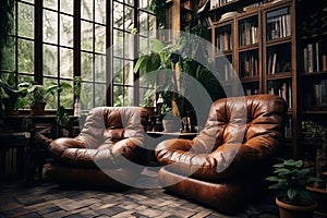 Comfortable leather armchairs in psychologist s office with indoor plants for a cozy interior