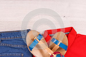 Comfortable leather sandals, jeans and shirt for woman, place for inscription