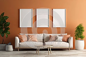A comfortable living room featuring a couch and orange wall. Set of three empty frames for wall art mockup