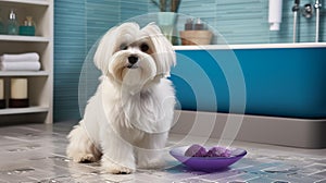 Comfortable Maltese Dog Enjoying Pampering Session in Vibrant Bathroom