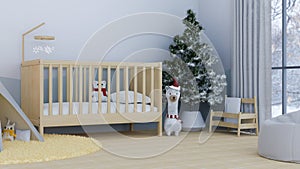 Comfortable and minimal baby`s bedroom interior with wooden baby crib, toys, Christmas tree