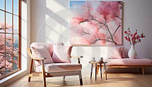 Comfortable modern apartment with bright pink walls and elegant decor generated by AI