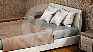 Comfortable modern bed inside bedroom. 3D illustration