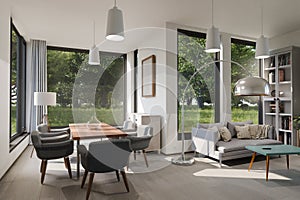comfortable and modern dining and living room interior rural design bright sunlightl in 3D rendering