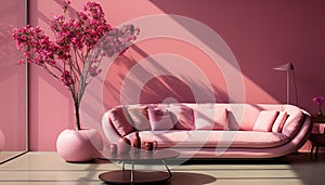 Comfortable modern home interior with a bright purple sofa and vase generated by AI