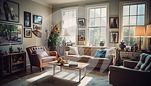 Comfortable modern living room with elegant wood furniture and bright sunlight generated by AI