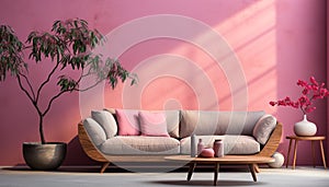 Comfortable modern living room with purple armchair and bright sunlight generated by AI