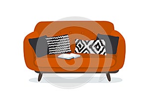 Comfortable modern red couch with pillows. Flat cartoon vector illustration. Vintage sofa Isolated on a white background