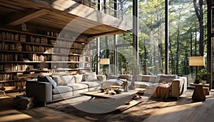 Comfortable modern sofa in a luxurious, elegant living room with sunlight generated by AI