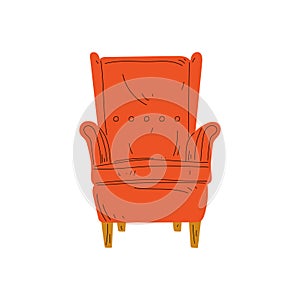 Comfortable Orange Red Armchair, Cushioned Furniture with Upholstery, Interior Design Element Vector Illustration