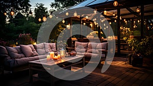 A comfortable outdoor patio area adorned with outdoor string lights