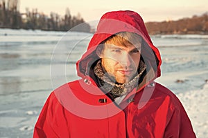 Comfortable outfit. Man warm jacket snowy nature background. Exploration of polar regions. Winter destinations. Winter