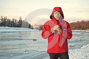 Comfortable outfit. Man warm jacket snowy nature background. Exploration of polar regions. Winter destinations. Winter