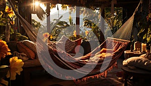 Comfortable pillow on a tropical hammock, enjoying nature tranquil scene generated by AI