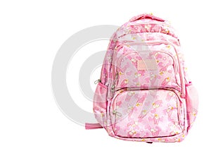 Comfortable pink barbie theme school backpack for girls with beautiful patterns and design on white isolated background with copy