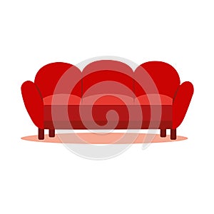 Comfortable red sofa on white background. Isolated red couch lounge in interior. Vector flat cartoon style illustration