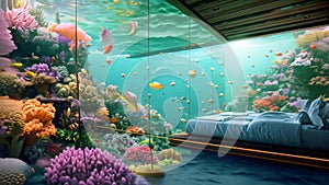 A comfortable room featuring a bed and a captivating fish tank, providing a serene atmosphere for ultimate relaxation, A glass