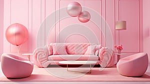 Comfortable seating in a well-decorated living area. pink in the style of Barbie