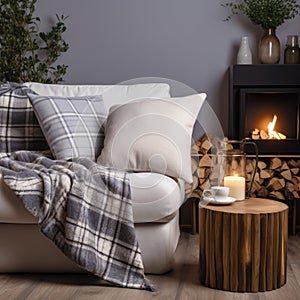 Comfortable shite sofa with cushions and plaid near side table with burning candles. Scandinavian interior design