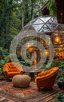 Comfortable sitting room in a garden full of vegetation, outside a spherical iron and glass structure