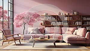 Comfortable sofa, modern chair, elegant table, bright pink flower decoration generated by AI