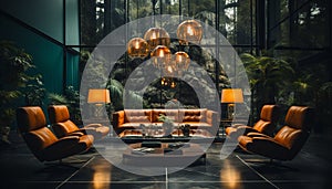 Comfortable sofa, modern chair, illuminated lamp, elegant decoration, bright window generated by AI