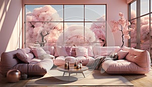 Comfortable sofa, modern decor, elegant architecture, nature inspired home interior generated by AI