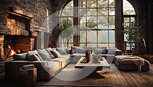 Comfortable sofa, modern table, elegant chair, bright window, relaxing ambiance generated by AI