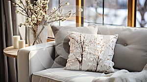 Comfortable sofa with pillows and bouquet of flowers in room. Light neutral colors