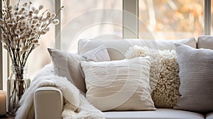 Comfortable sofa with pillows and vase with flowers in living room. Light neutral colors