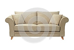 Comfortable and stylish linen fabric sofa isolated on white background