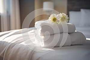 comfortable towel welcome spa bedchamber flower bed bath modern window. Generative AI.