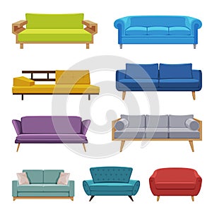 Comfortable Upholstered Sofas Collection, Cushioned Cozy Domestic or Office Furniture, Modern Interior Design Elements