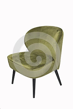 Comfortable velours olive armchair on white background. Interior element