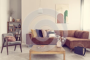Comfortable velvet sofa with pillows in elegant living room interior