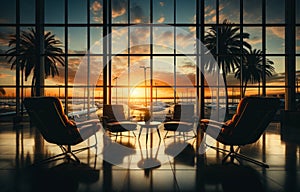 Comfortable waiting hall in the modern airport. Coffee table and four chairs are at the panoramic window. Planes, palm trees and