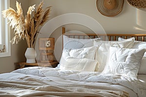 A comfortable white bed with pillows in a bedroom next to a window in a house