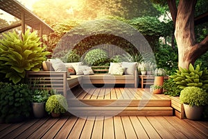 comfortable wooden deck in garden with settees cozy backyard photo